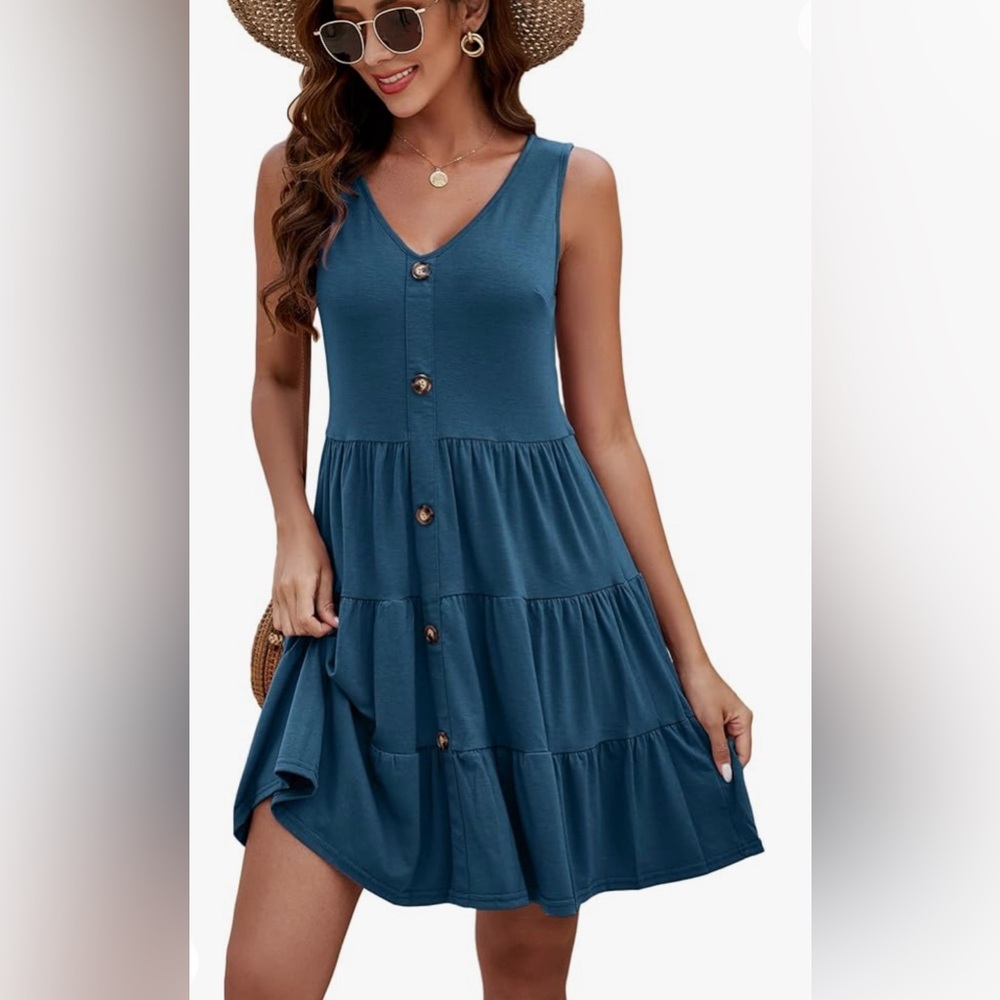 Halife Women's Button Front Dress Summer Sleeveless V-Neck Pleated Swing Dresses